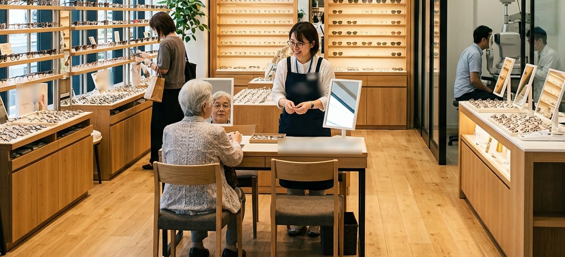 眼鏡店の店内。木の棚にフレームが並び、手前の机で、エプロンの店員が椅子に掛けた年配の客と向かい合っている。奥のガラス張りの部屋では、別の客が測定機に額をつけている